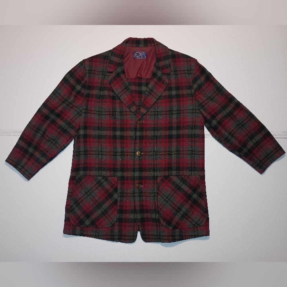 VTG Pendleton Men's Medium Red Black Green 100% Wool Plaid Jacket Blazer Vintage